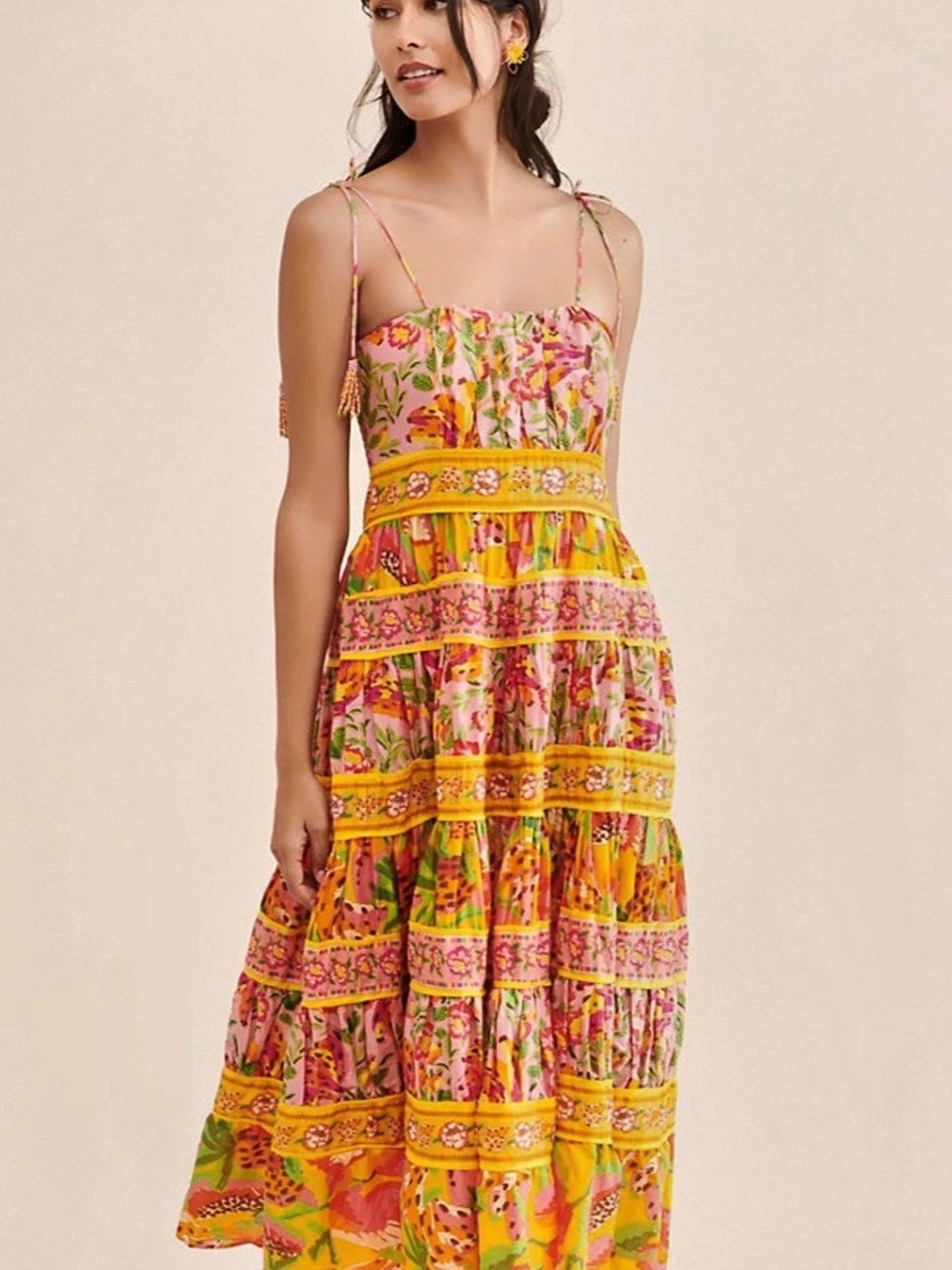 FARM Rio Pink Floral Tiered Maxi Dress L Beaded Tie Straps